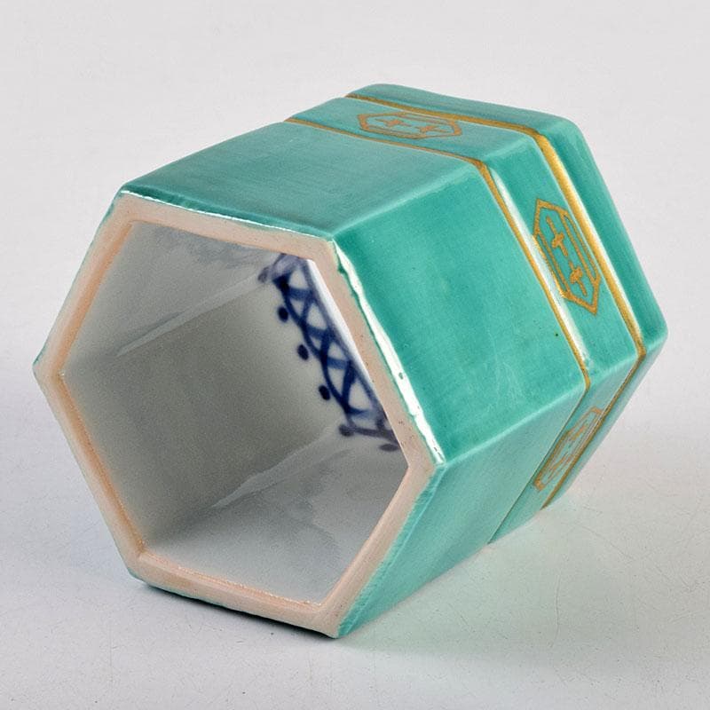 茶道具　古余呂技窯　川瀬竹春作　緑地金彩　六角蓋置　共布共箱　Z　8907