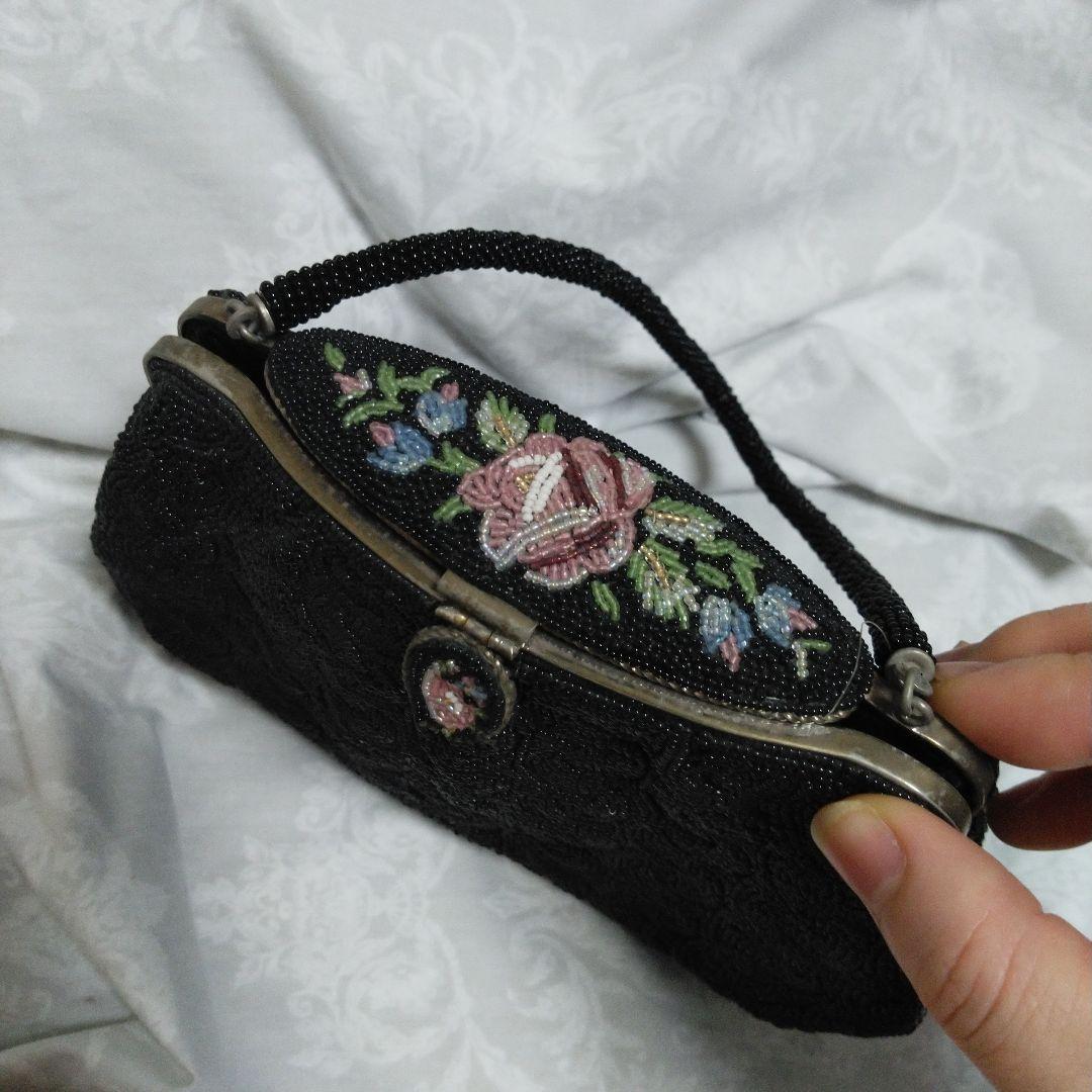 中古　レトロ　ビーズ　バック　インテリア　鏡有　ビーズ解れ有　クラッチ　タイプ