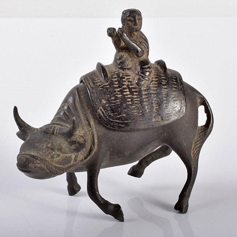 中国　古銅宣徳銅　牛に唐子　のったり香炉　置物　V　R4228