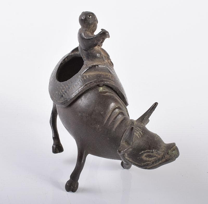 中国　古銅宣徳銅　牛に唐子　のったり香炉　置物　V　R4228