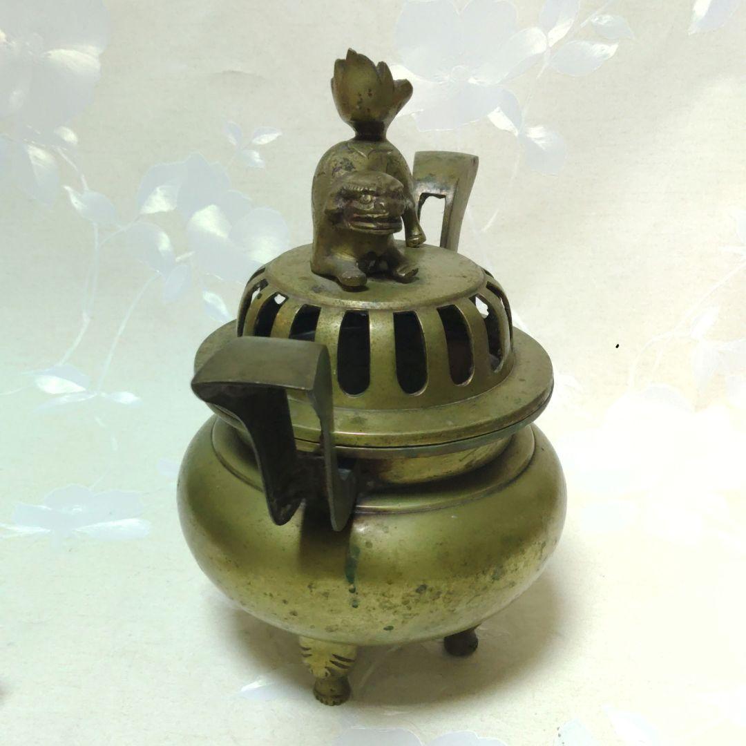 香炉　寺院仏具　獅子摘双耳三足香炉　真鍮製　金属工芸　ミ10