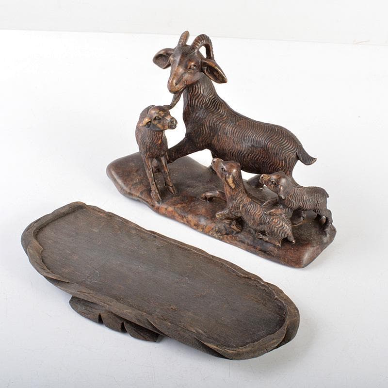中国　玉石彫刻　羊親子　唐木台付　C　R5763