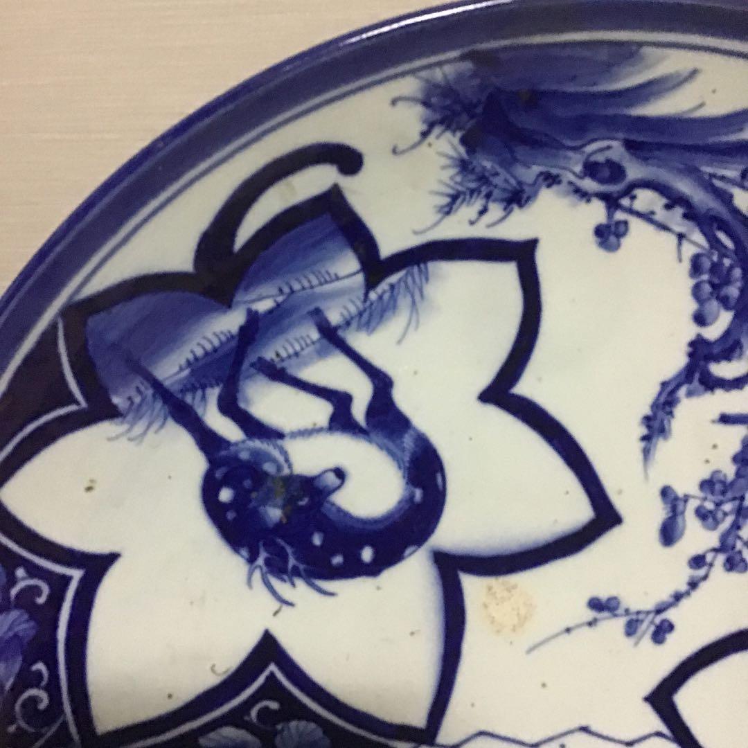 古伊万里染付扇面鹿に鶴の図大皿