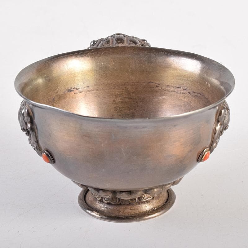 中国　白銅　神獣刻　玉石装飾　取手付杯　約167g　M　R8495