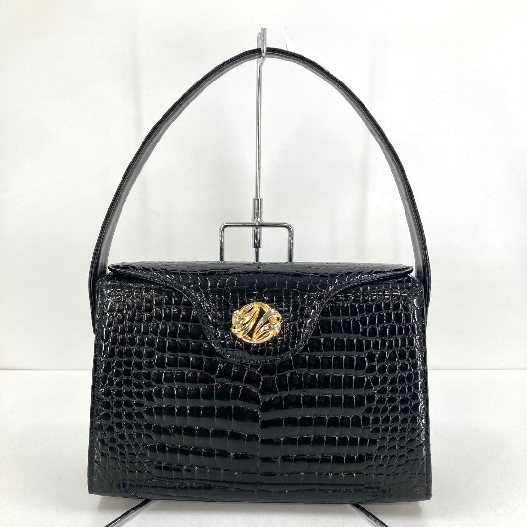 美品 クロコダイル　ハンドバッグ　高級　ゴールド金具　ブラック