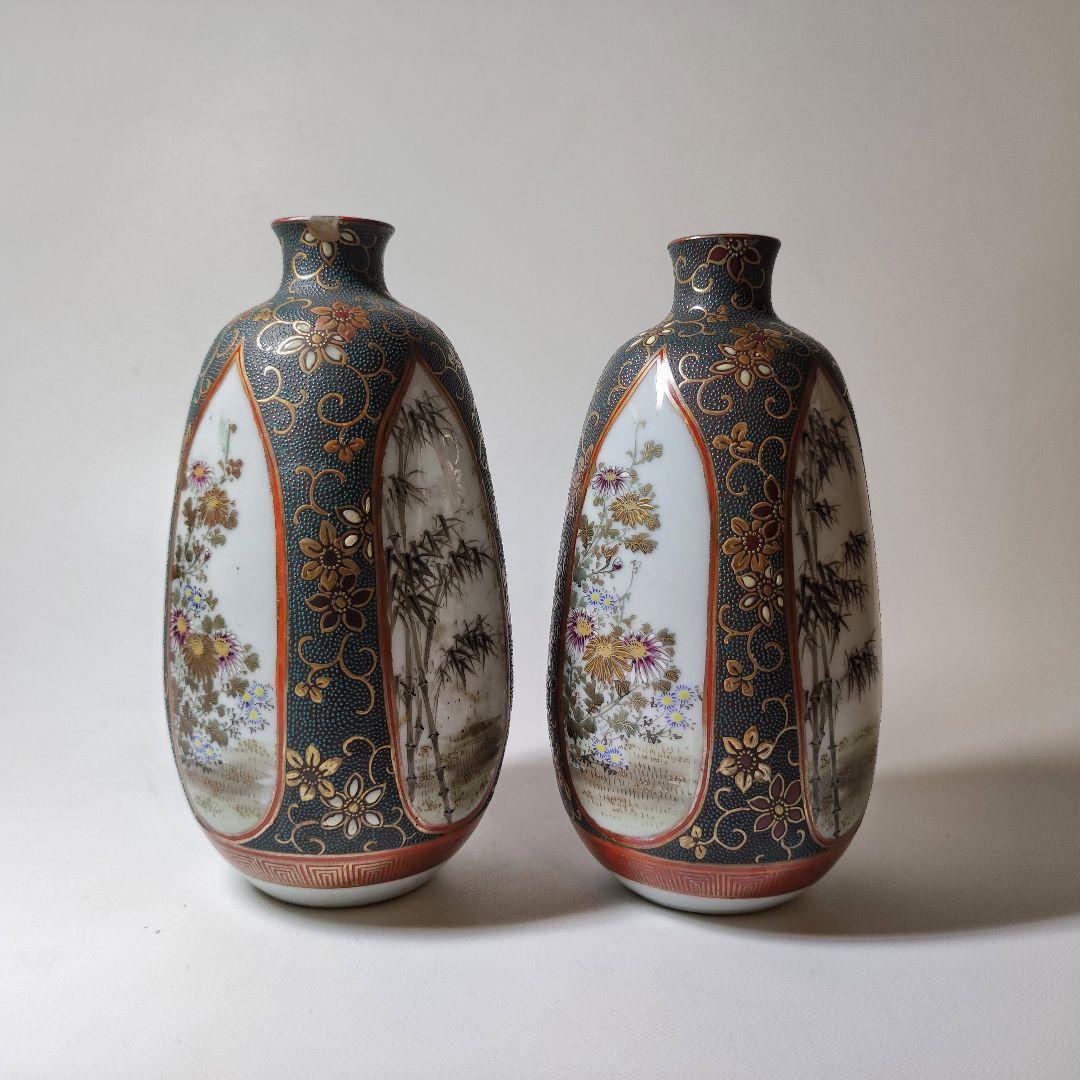 九谷焼　超細密金彩青粒手四君子図四方徳利　一対
