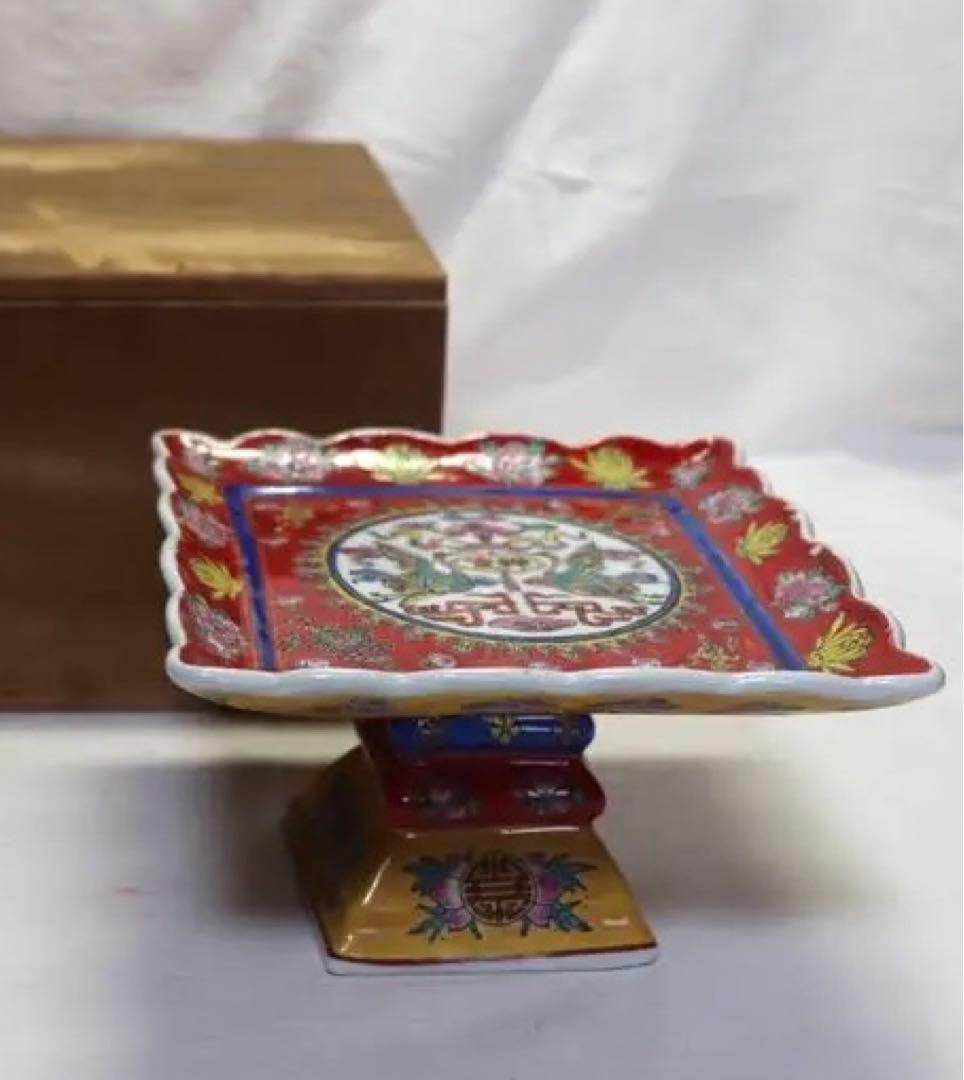 中国　粉彩高台菓子器　在銘　木箱付　送料込み0715