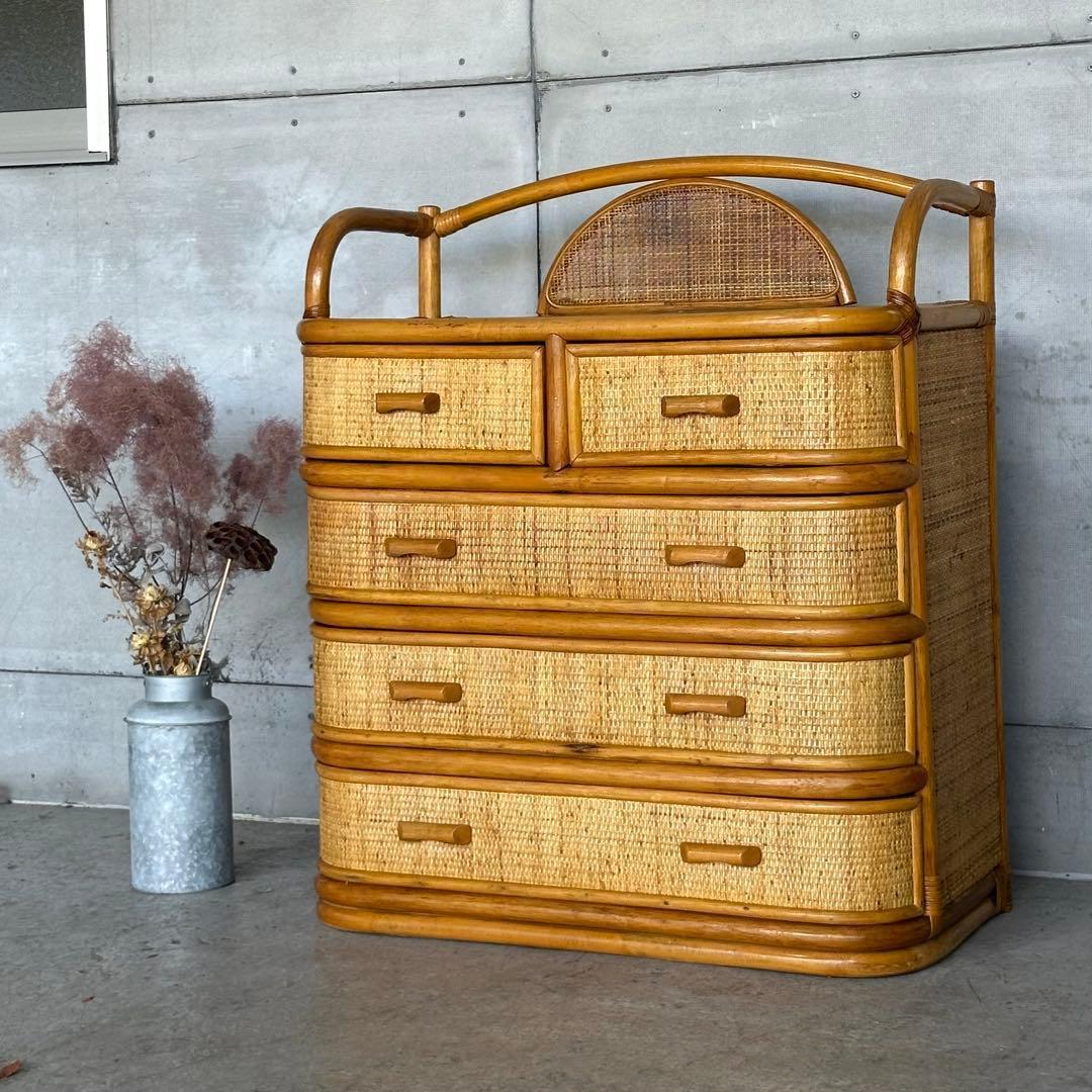 ꧁ラタン꧂ 70s〜80s昭和レトロ♢ ラタンチェスト 5段 籐家具 ナチュラル
