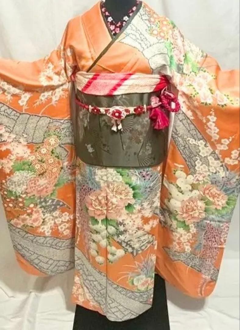 【美品】振袖フルセット成人式6点セット　オレンジ/緑/黒/ピンク/花柄/絞り柄