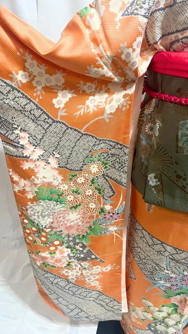 【美品】振袖フルセット成人式6点セット　オレンジ/緑/黒/ピンク/花柄/絞り柄