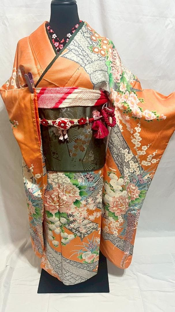 【美品】振袖フルセット成人式6点セット　オレンジ/緑/黒/ピンク/花柄/絞り柄