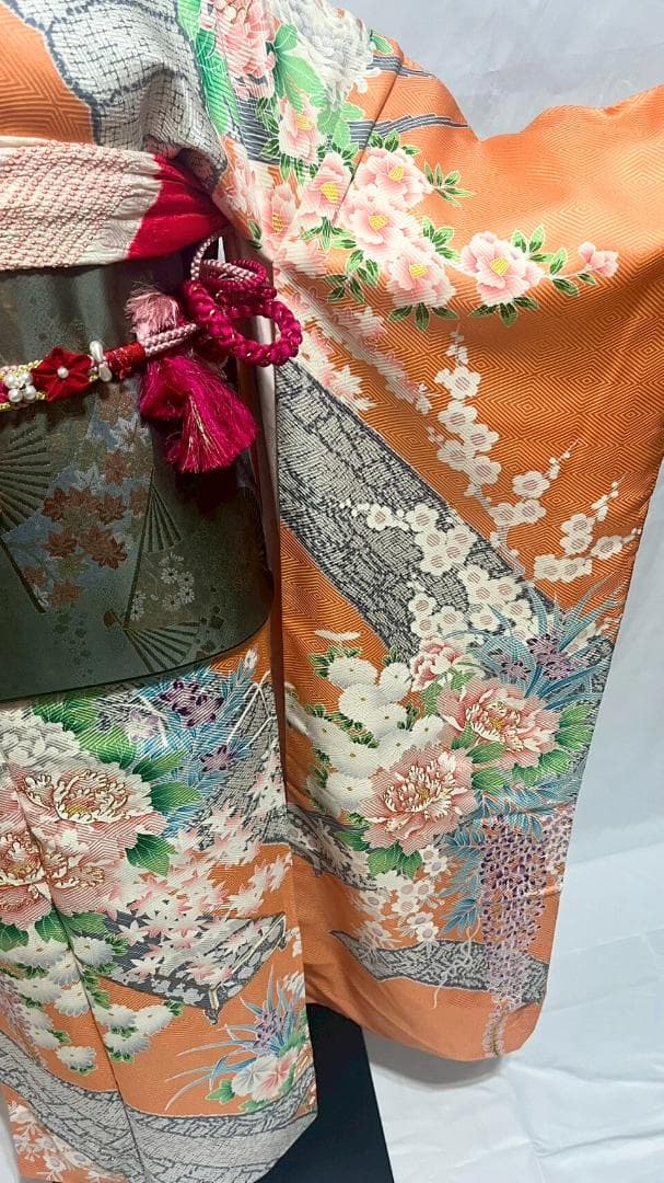 【美品】振袖フルセット成人式6点セット　オレンジ/緑/黒/ピンク/花柄/絞り柄