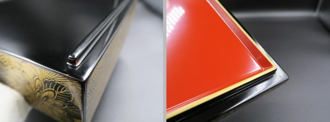 【輪島塗】極上総菊詰沈金 五段重箱 金縁 黒内朱塗 蓋二枚 蓋横菊彫 天然木