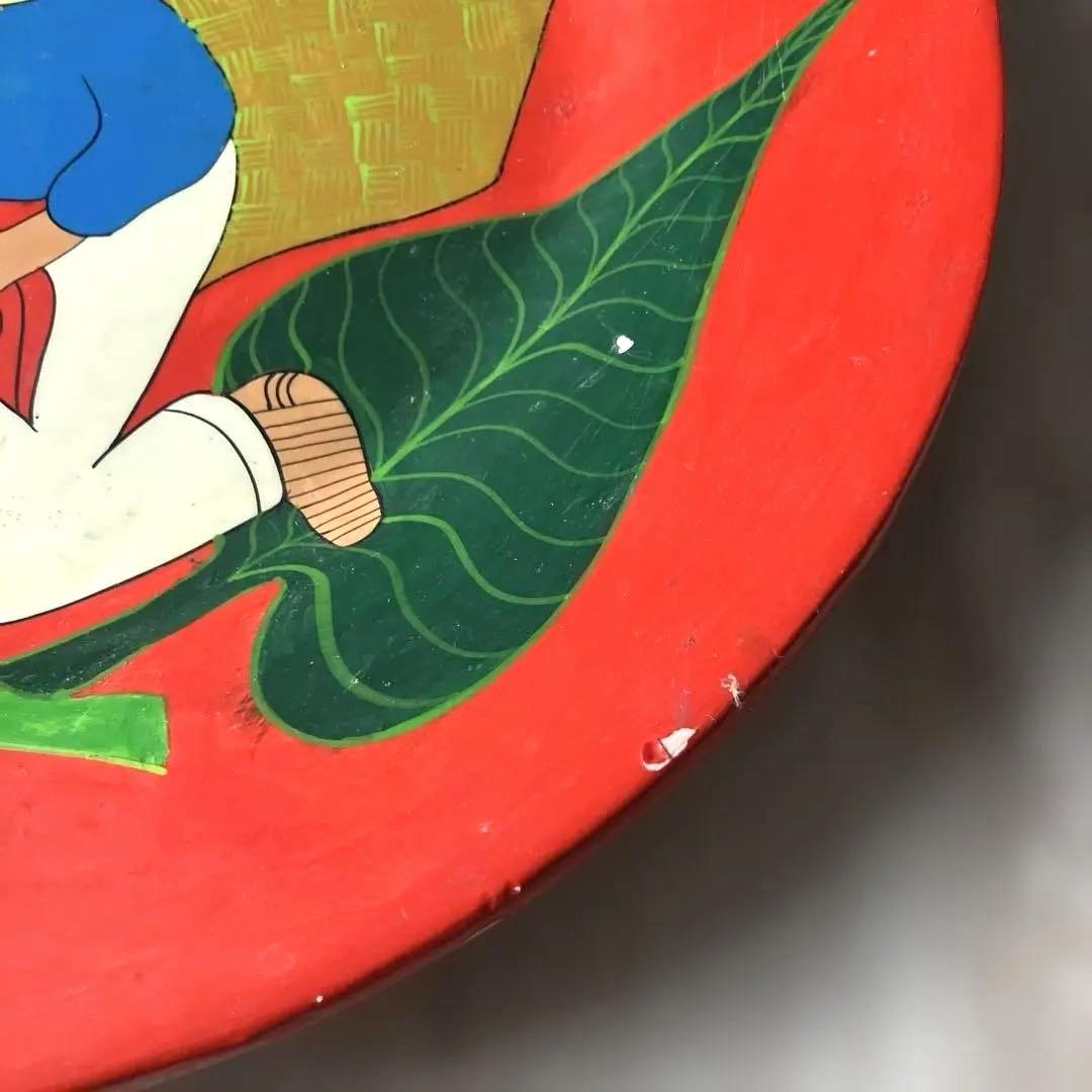 【匿名配送ヴィンテージ 】メキシコ絵皿大 植物カラーのお花イラストの赤い陶器皿