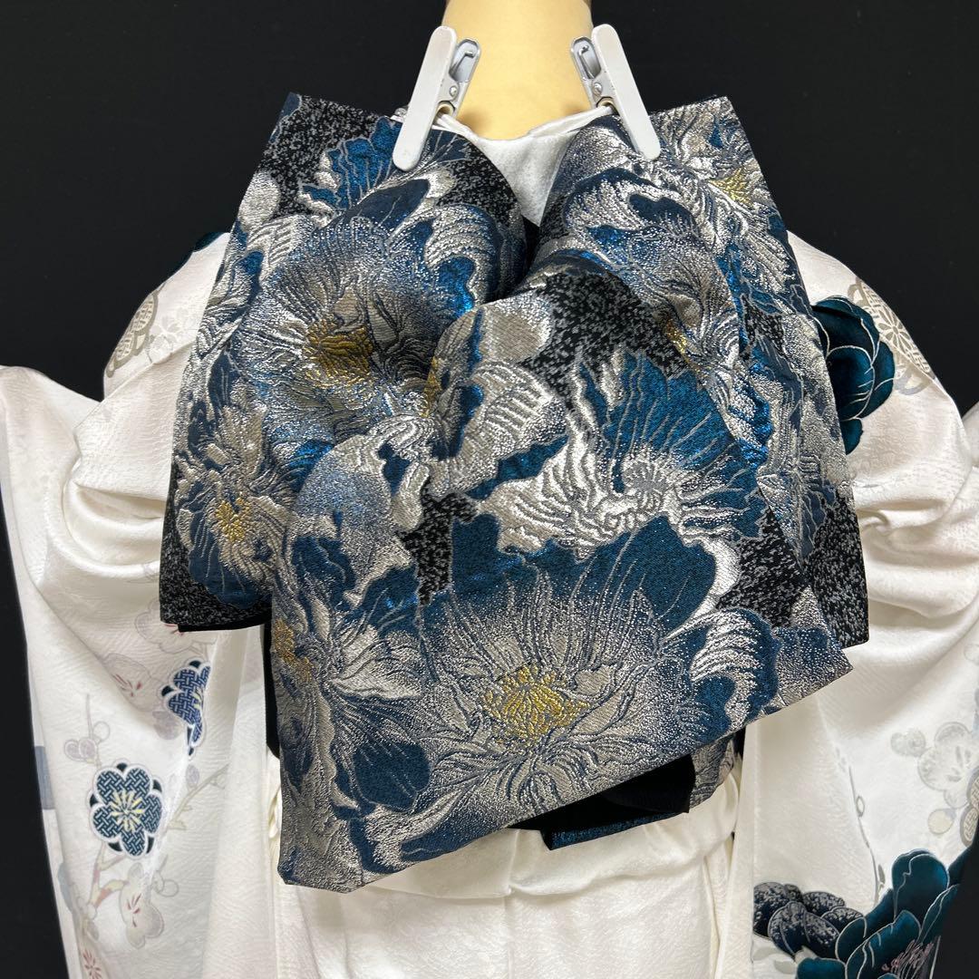 8/17迄　白地のクールな青緑色の梅の振袖フルセット