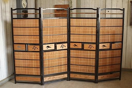 古い竹簾屏風　衝立　目隠し 四つ折り　透かし彫り　古民家　古道具