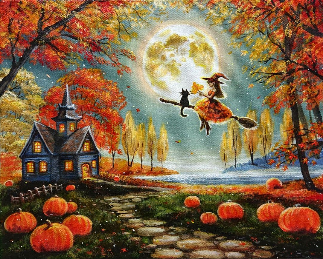 R*U様 【満月の夜に】アクリル画 F3 風景画 絵画