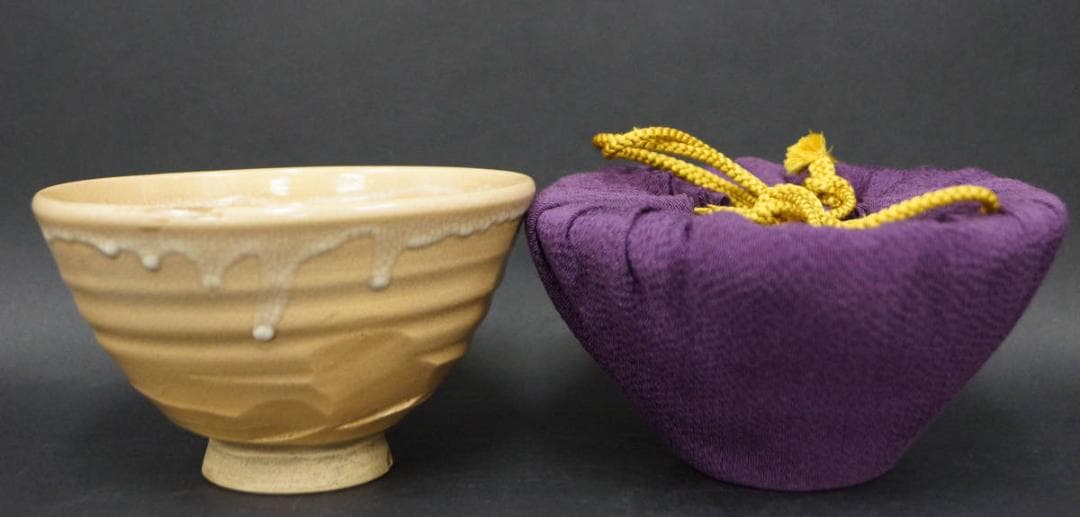 萩福壽作 古萩茶碗 割高台 姫萩茶碗 流れ釉 抹茶碗 仕覆 箱付