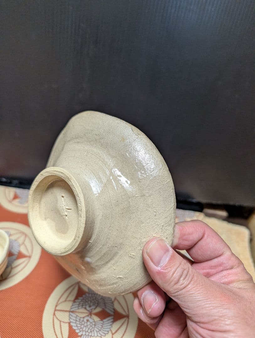 備前焼陶器製茶碗と皿セット印あり、時代物