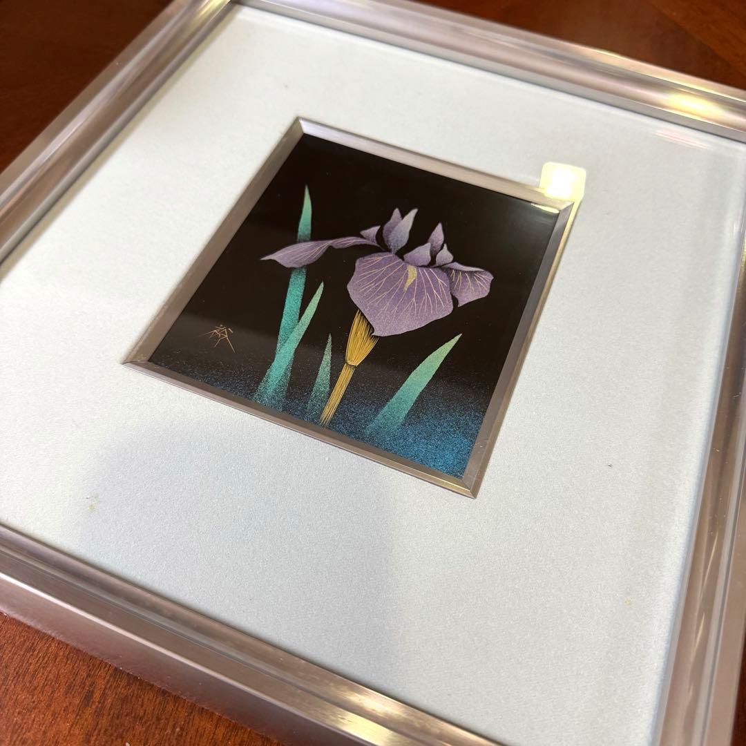 輪島塗 友田裕次 沈金 沈銀 あやめ 額装作品 絵画 額縁 共箱 説明書 漆