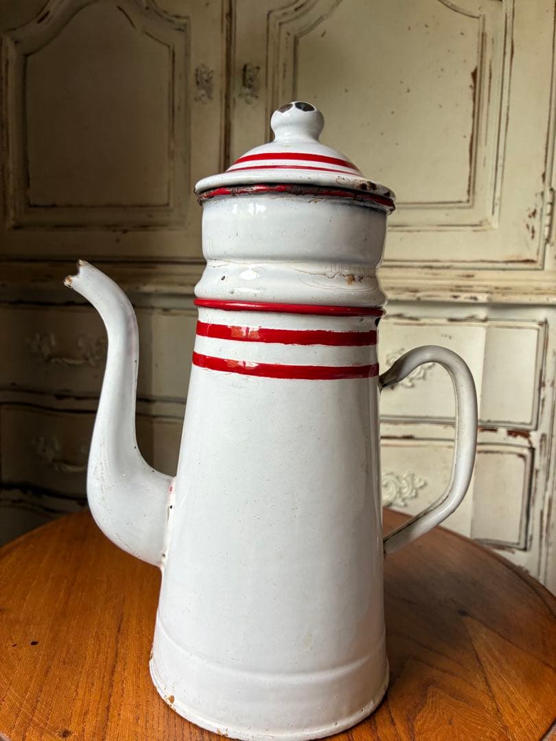 フランス　アンティーク　ホーロー　ポット　赤白　ダブルビギン　二段式　100年