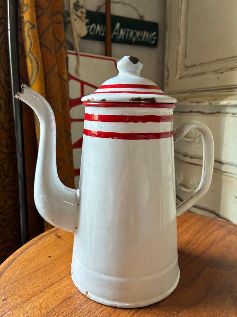 フランス　アンティーク　ホーロー　ポット　赤白　ダブルビギン　二段式　100年