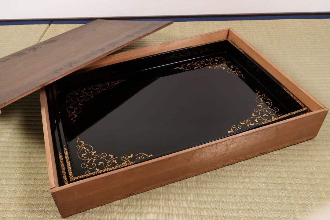 漆芸 木製漆器 唐草蒔絵 黒塗 長方盆 大小一組 2枚 脇取 広盆【MA719】