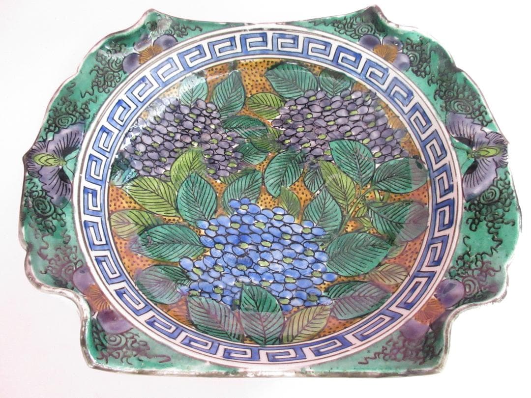 時代物 九谷焼 青手風 紫陽花紋 変形 なます皿 3客 TN 108 70816