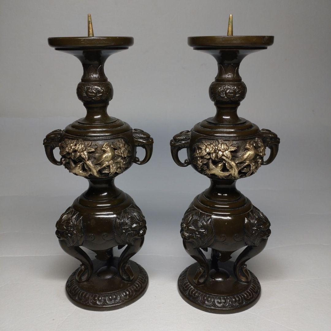 銅製 花鳥図 五具足 在銘／獅子香炉 燭台 花立 法具 仏教 仏壇 彫金 獣耳