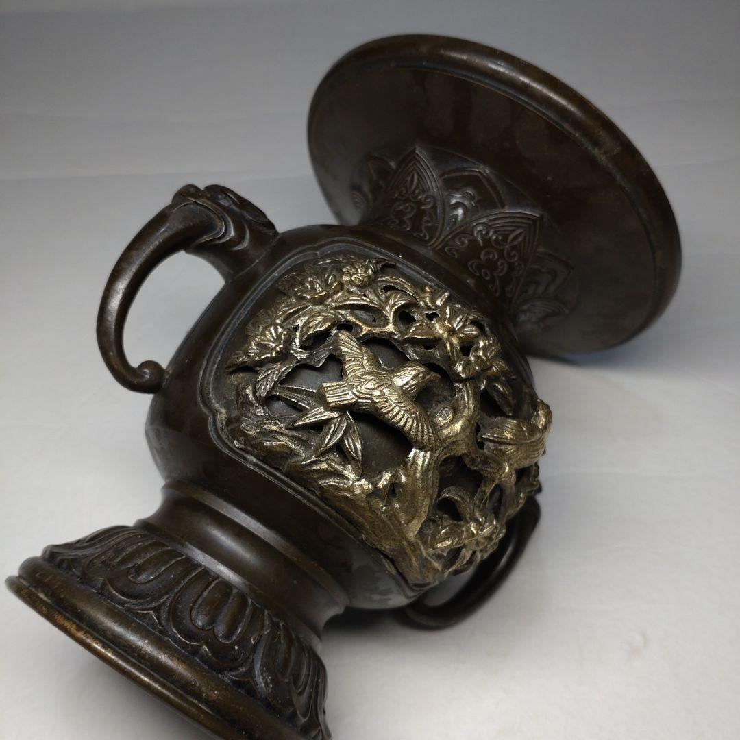 銅製 花鳥図 五具足 在銘／獅子香炉 燭台 花立 法具 仏教 仏壇 彫金 獣耳