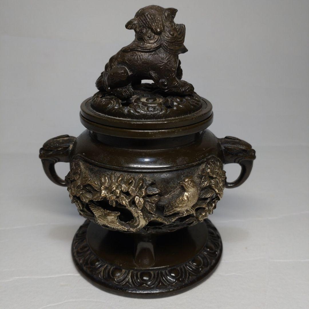 銅製 花鳥図 五具足 在銘／獅子香炉 燭台 花立 法具 仏教 仏壇 彫金 獣耳