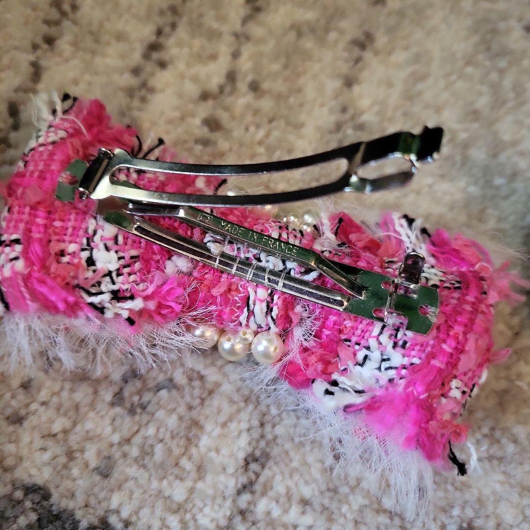 『CHANEL』シャネル　ピンク ツイード パール リボン バレッタ