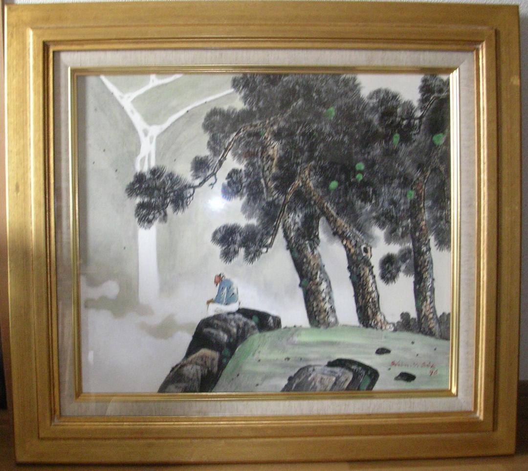 絵画　油絵（キャンバス）　「滝見の老人」　韓国人画家・申 英植　Ｆ１０号