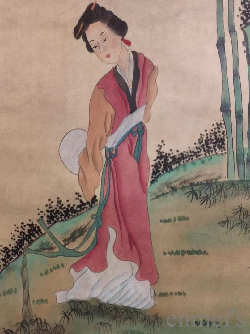 中国古美術.唐寅款.侍女図.宣紙画.三尺手描き.肉筆.絵画.書道.巻き物.旧蔵出