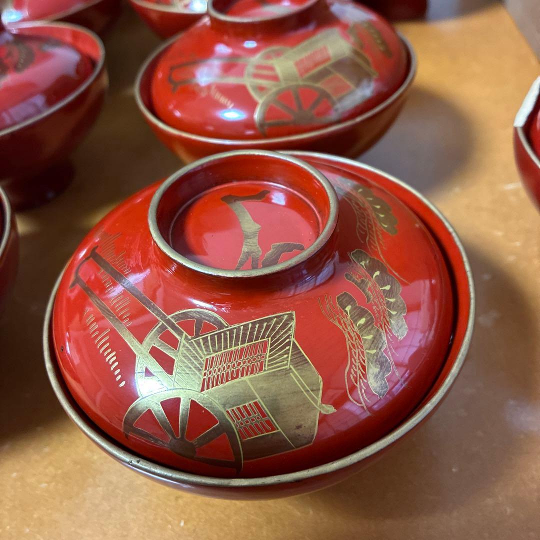 漆器　金絵　朱　蓋付椀　10客　共箱 骨董品