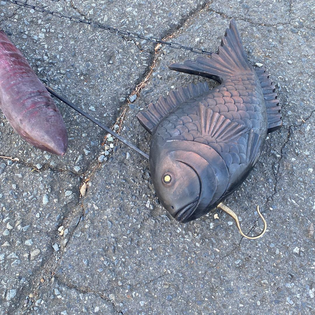 【増51230】　自在鉤　木製横木　鯛　民芸　古民家　高さ150cm