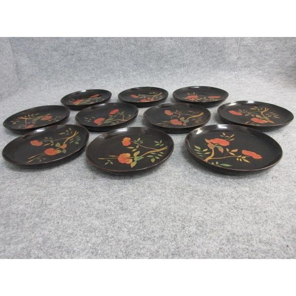 会津塗黒塗蒔絵牡丹文銘々皿10枚 [B26981]