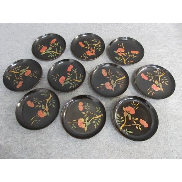 会津塗黒塗蒔絵牡丹文銘々皿10枚 [B26981]