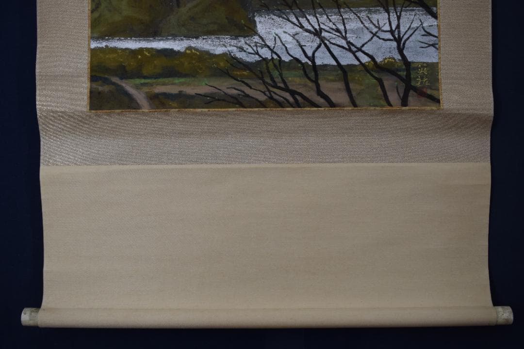 英靖/早春図/山湖図/春景風景図/岩絵具/横物/掛軸☆宝船☆Z-344