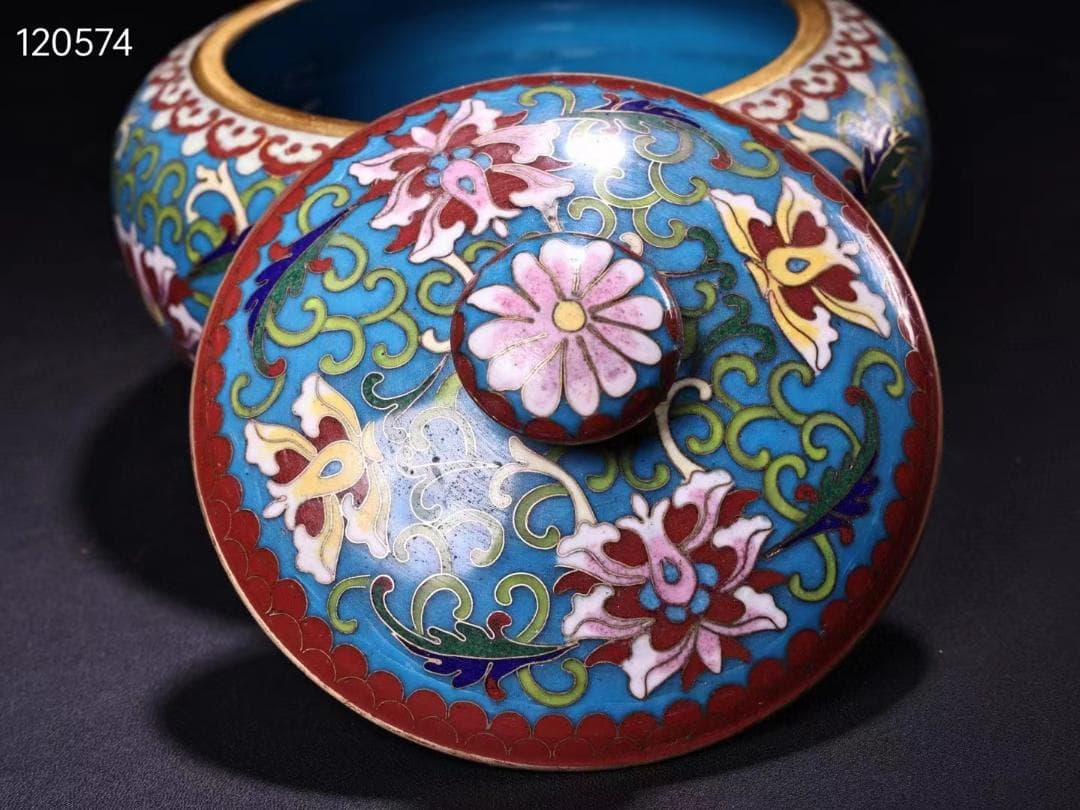 中国古美術・珍蔵・ 銅胎掐糸エナメル彩 景泰藍鎏金蓋罐・箱付き・文房具