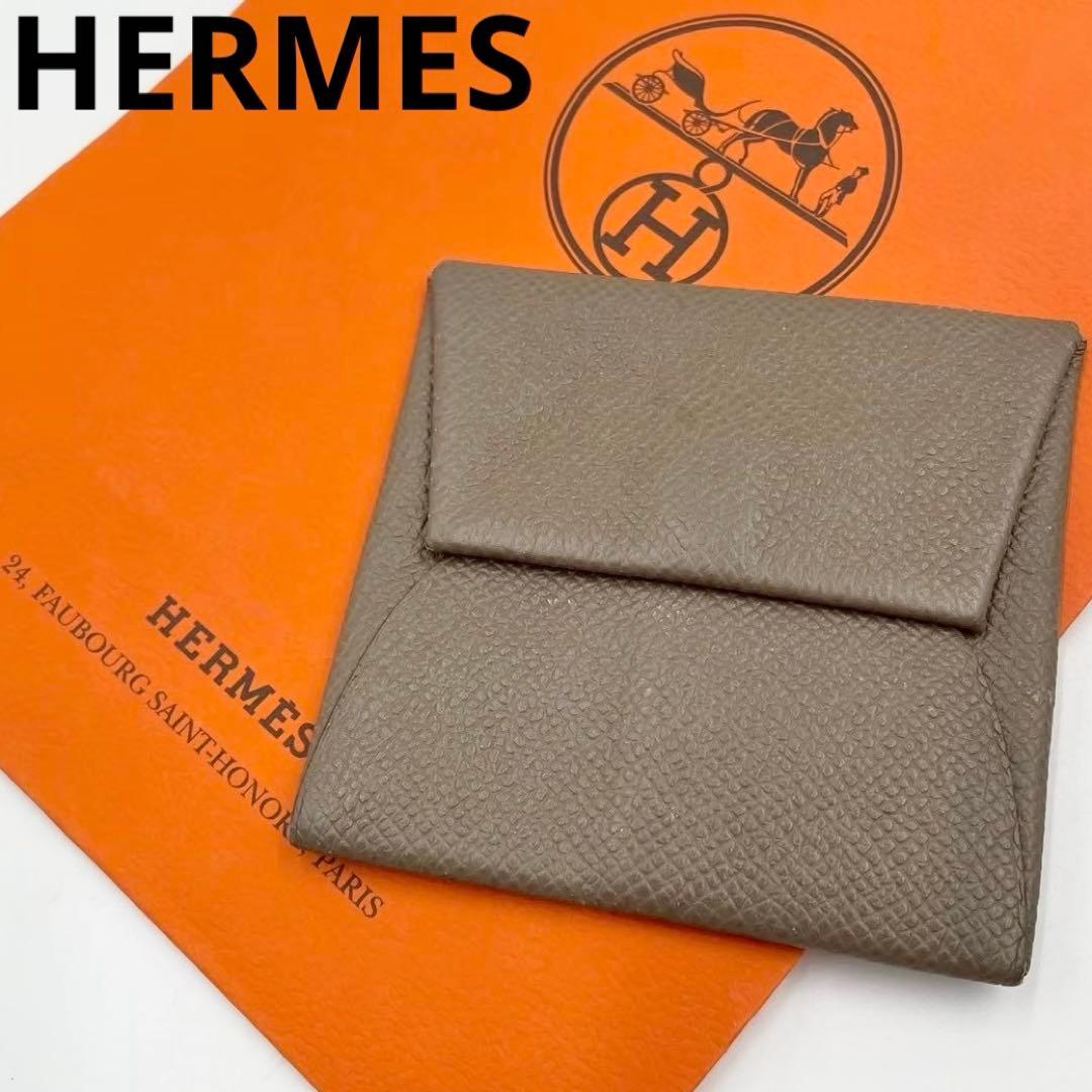 良品　エルメス　バスティア　ケース　コンパクトウォレット　レザー　ブラウン