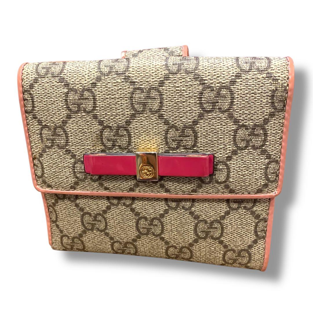 グッチ 折り財布 GGスプリーム ピンク×ベージュ　キャンバス　リボン　箱付き