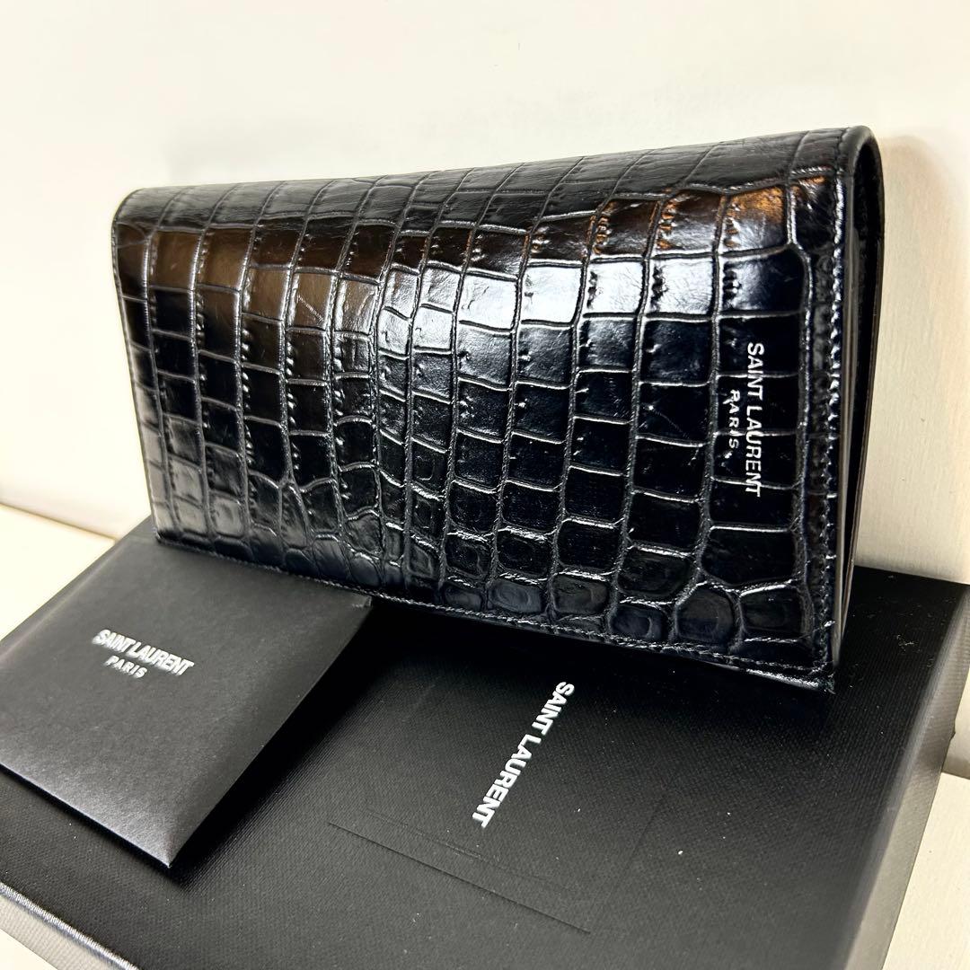 【たかえもん　付属品完備】サンローラン 長財布 黒 クロコ型押し レザー
