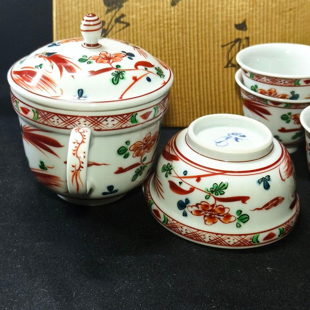 煎茶道具 小茶器 九谷焼 手描き赤絵花鳥文 作家物 二重蓋急須 共箱 中国茶器