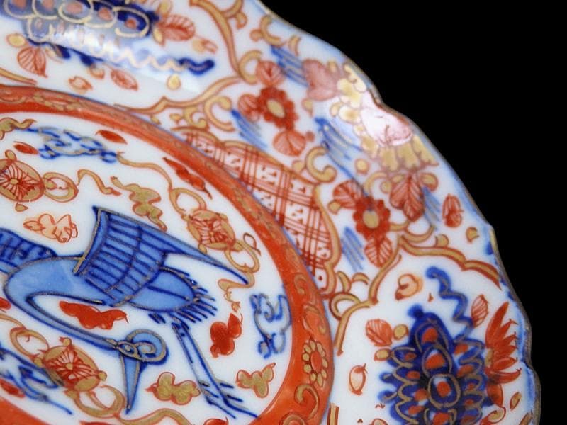 古伊万里　金襴手　鶴に七宝紋の図　4寸皿　5枚　D048AS-DAr