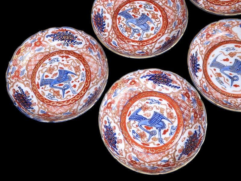 古伊万里　金襴手　鶴に七宝紋の図　4寸皿　5枚　D048AS-DAr
