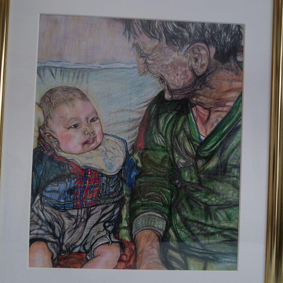 色鉛筆画　　「孫は可愛いな」