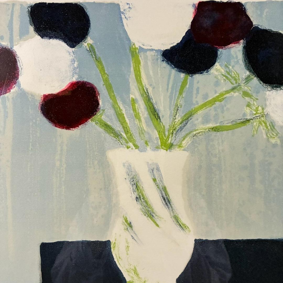 ベルナール・カトラン「青い背景のアネモネ」リトグラフ 直筆サイン入り 1992年