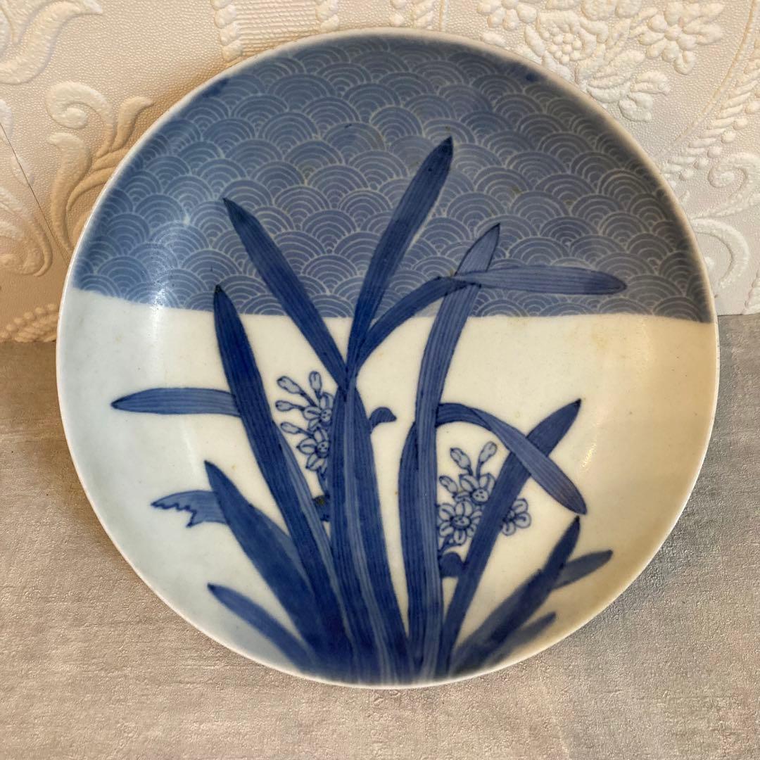 藍鍋島 染付 青海波水仙 皿 骨董 ヴィンテージ　水仙皿①