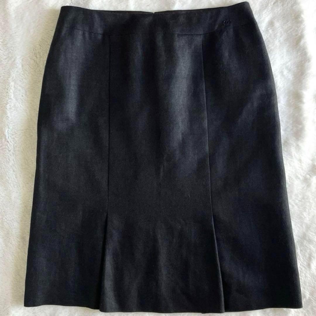 シャネル 05C リネンカシミヤ ココマーク膝丈スカート 38 チャコールグレー